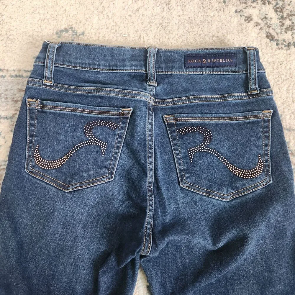 Rock & Republic Womens Size 4 Berlin Embroidered Pockets Blue Straight Jeans